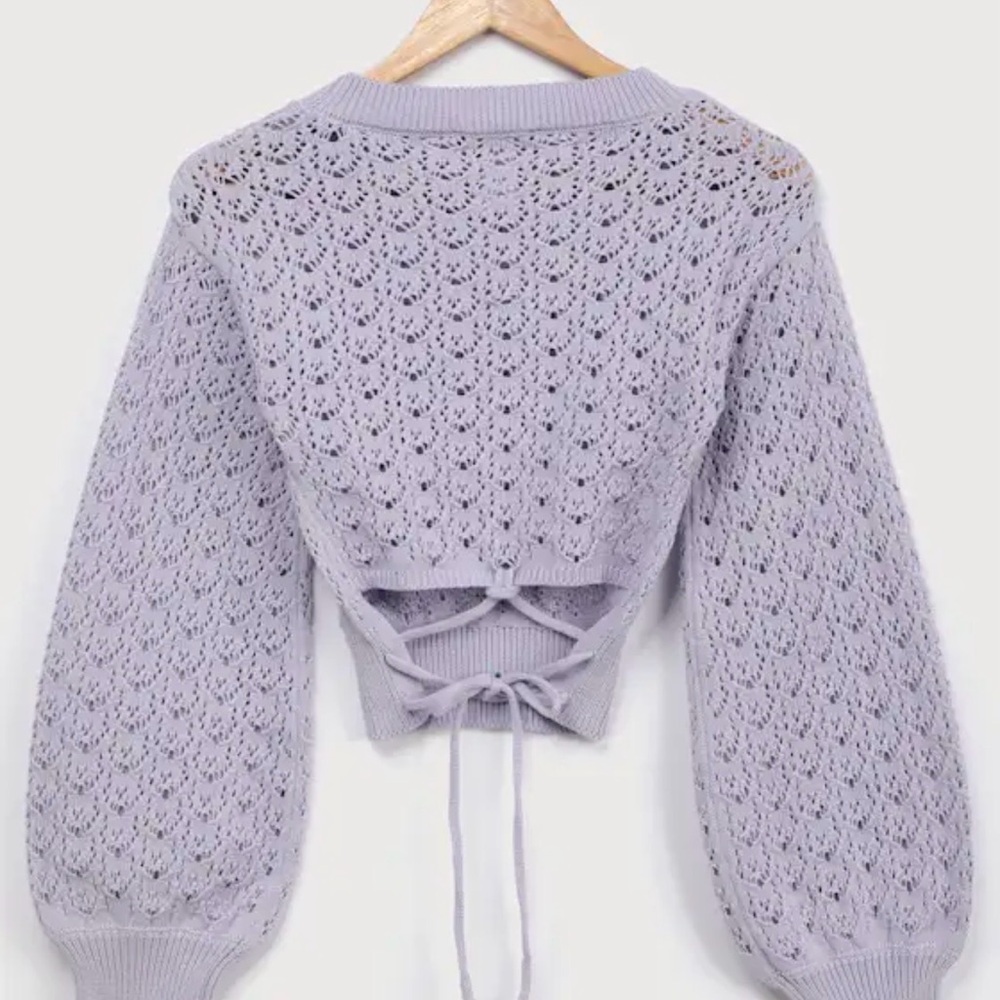 LULUS Periwinkle Lace-up Cropped Pointelle Sweater - Picture 2 of 5